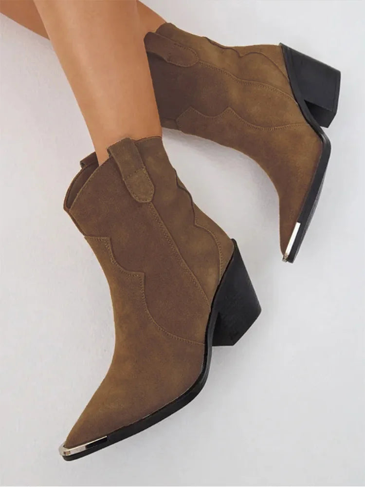 GMQM 2025 Women's Comfort Ankle Booties Brown Cowboy Western Boots Metal Heels Block Wide Calf Pointed Toe Slip On Casual Shoes