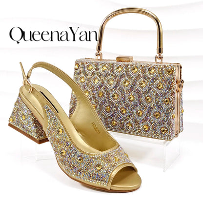 Queena Yan Square Heel Shoes! Hand-held Three-Dimensional Bag and Shoes Set From the Same Series/Open Toe Shoes and Evening Bag