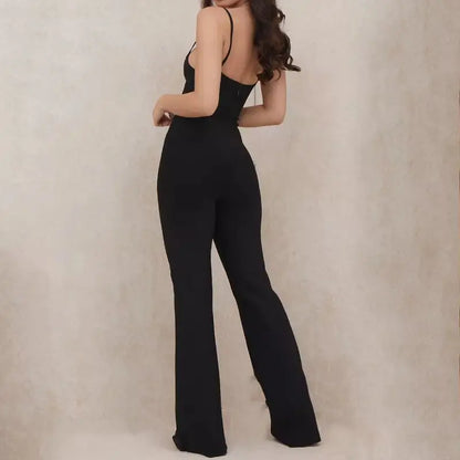 Summer women's new V-neck halter sleeveless backless stretch tight party nightclub high street flare Black bandage jumpsuits