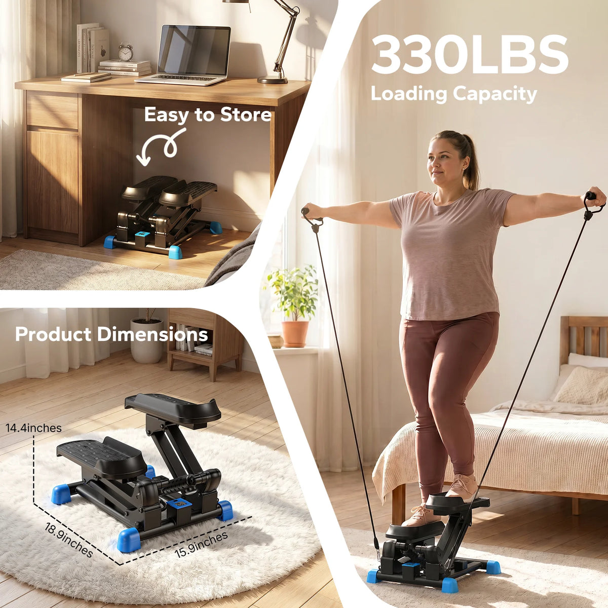 MERACH New 3-in-1 Mini Stepper with Large Stride & Shock Pad Design 3-in-1 Stair Stepper, Large Stride & High Resistance Design, High Elastic & Silent Shock Absorption, with Resistance Band