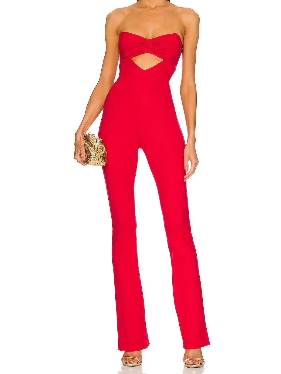 Bandage Jumpsuit Womem's 2023 Summer Long Flare Pants Sleeveless Sexy Cut Out Elegant Club Celebrity Evening Party Jumpsuits
