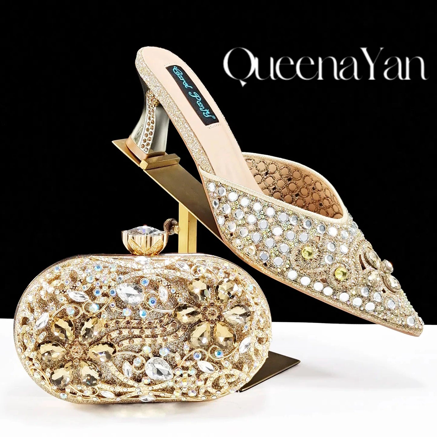 QUEENA YAN Luxury Pink Rhinestone Party Shoes and Clutch for Women- Elegant Crystal Heels with Matching Evening Bag