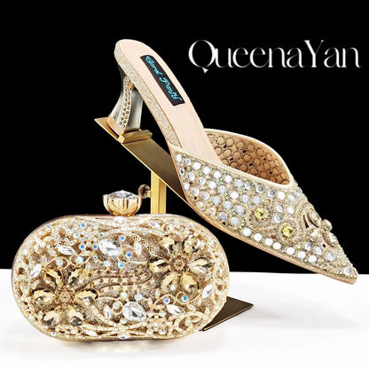 QUEENA YAN Luxury Pink Rhinestone Party Shoes and Clutch for Women- Elegant Crystal Heels with Matching Evening Bag