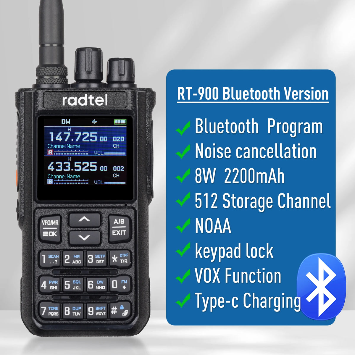 Radtel RT-900 8W Full Band Ham Radio Walkie Talkie 512CH Air Band Two Way Radio Station Aviation Noaa Police Marine River PTT