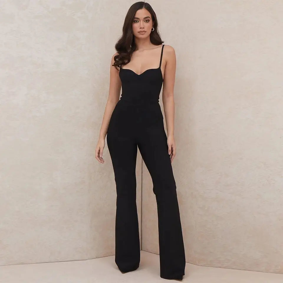 Summer women's new V-neck halter sleeveless backless stretch tight party nightclub high street flare Black bandage jumpsuits