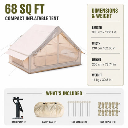 Large Luxury Inflatable Glamping Tent with Manual Hand Pump and Storage Bag, Easy Setup 4-Season Weatherproof Anti-Snow Family Air Tent for Outdoor Camping, Hiking, Backyard Parties and Wilderness Adventures