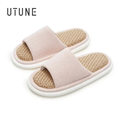 UTUNE Natural Linen Women's Slippers Mute Comfortable Indoor Home Couple Shoes Soft Sole Anti-slip Couple Four Season Slides