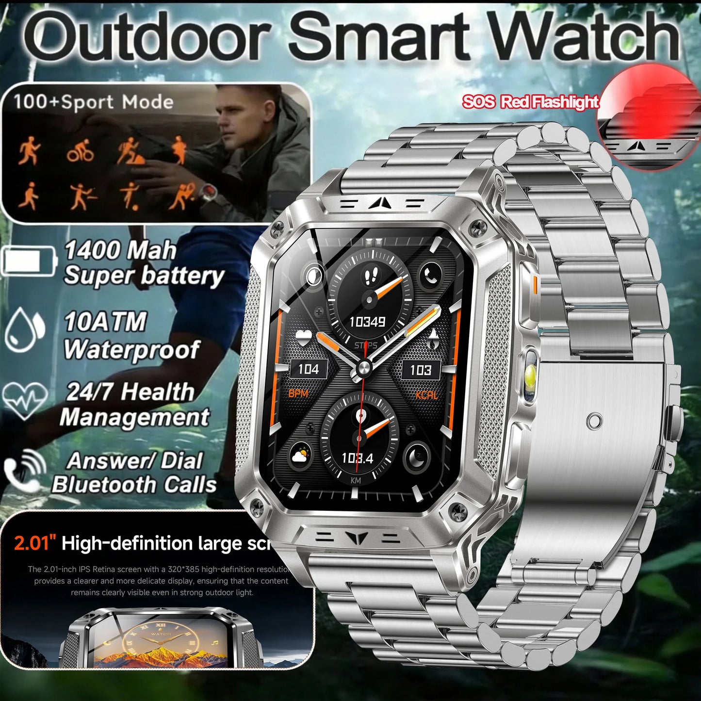 2026 New Military Grade 1400mAh Sports Smart Watch 10ATM Waterproof Flashlight Heart Rate Bluetooth Call Outdoor Smartwatch Men