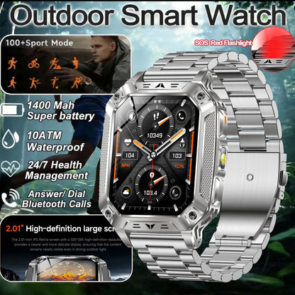 2026 New Military Grade 1400mAh Sports Smart Watch 10ATM Waterproof Flashlight Heart Rate Bluetooth Call Outdoor Smartwatch Men
