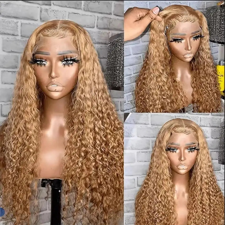 #27 Honey Blonde Curly Human Hair Wig 13X6 Deep Wave Frontal Wig 30 36 Inch 13X4 Hd Transparent Lace Front Colored Wigs