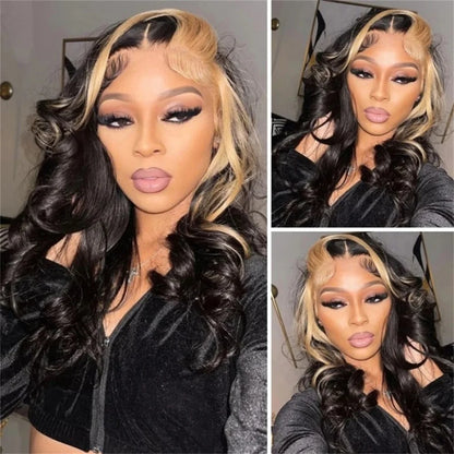 Highlight 13x6 HD Transparent Lace Frontal Wigs Human Hair Wig  For Black Women Brazilian Black With Honey Blonde Human Hair Wig