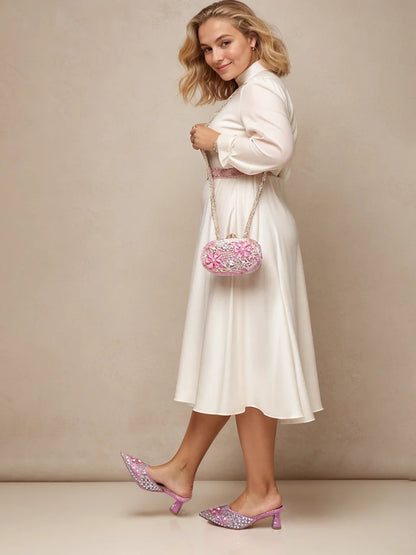 QUEENA YAN Luxury Pink Rhinestone Party Shoes and Clutch for Women- Elegant Crystal Heels with Matching Evening Bag