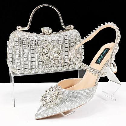 Elegant Rhinestone-Embellished Heels And Gold Mini Bag Set for Night Outfits Women's Fashion Accessory Combo