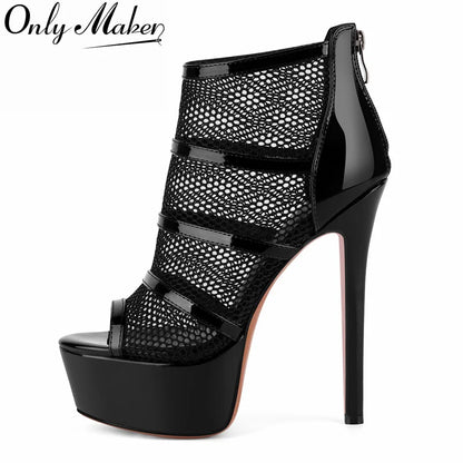 Onlymaker Women Peep  Toe Platform Mesh Stiletto Booties Sandals Back Zipper Thin Heel  Ankle Boots