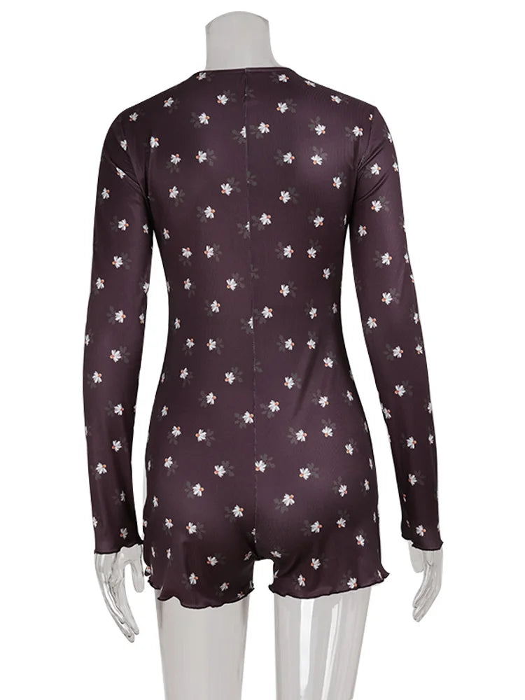 Ahagaga Casual Women Playsuits O-Neck Regular Long Sleeves Print Single Breasted Skinny Homewear Floral Sweet Femlae Rompers