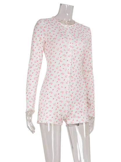 Ahagaga Casual Women Playsuits O-Neck Regular Long Sleeves Print Single Breasted Skinny Homewear Floral Sweet Femlae Rompers