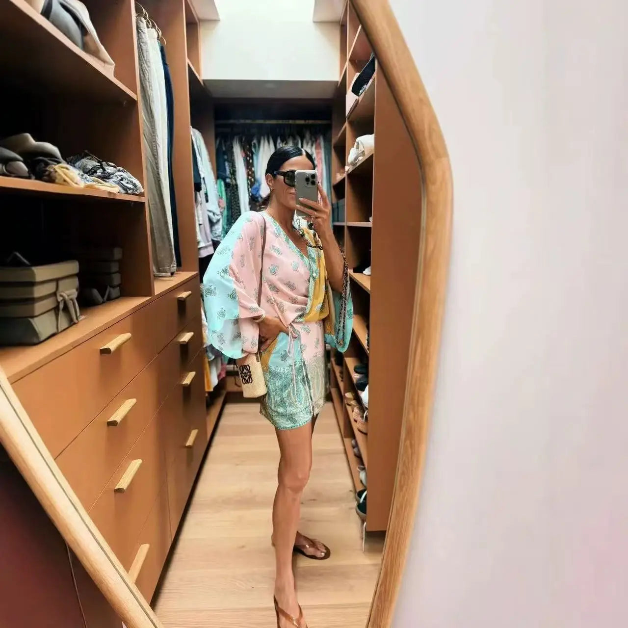 Women's Boho Paisley Color Block Romper Long Sleeve V Neck Tie Waist Beach Vacation Playsuit Shorts