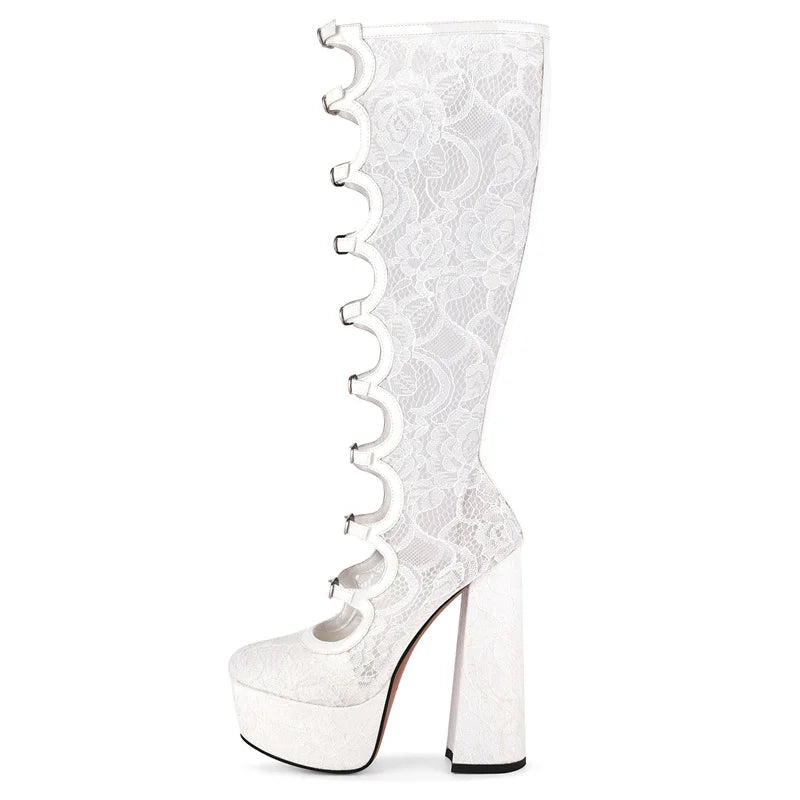 Onlymaker Women Pink Platform Multibuckle Strap Knee High Boots Big Size Comfy Female Side Zipper Mondern Boots