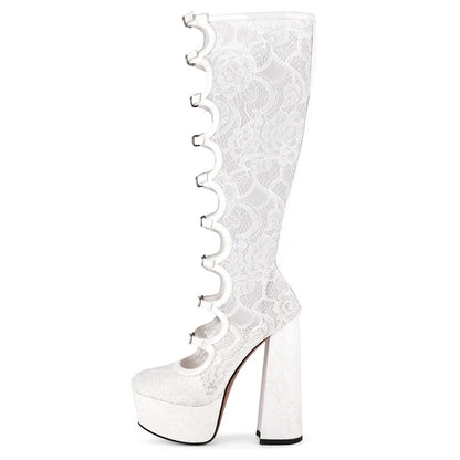 Onlymaker Women Pink Platform Multibuckle Strap Knee High Boots Big Size Comfy Female Side Zipper Mondern Boots