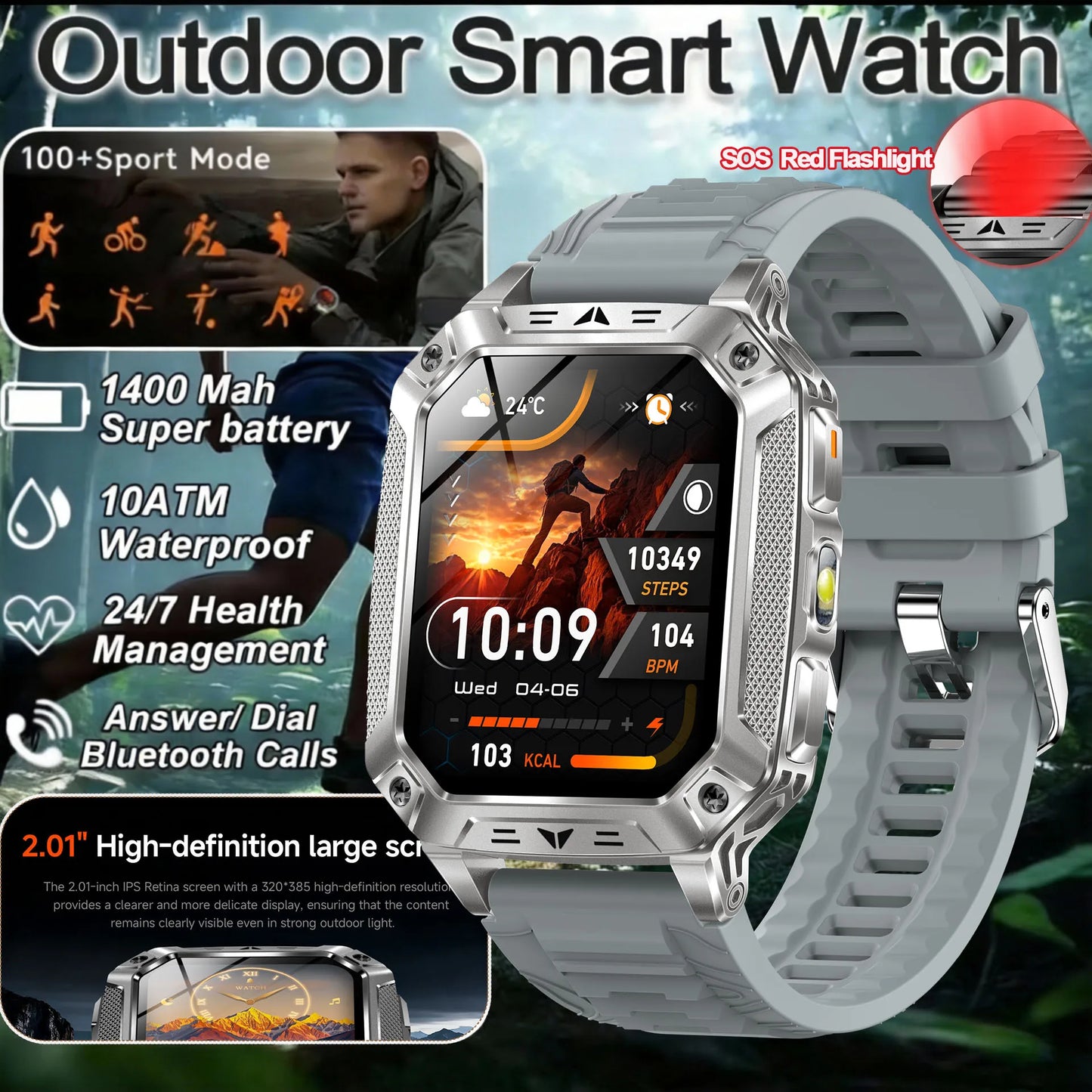 2026 New Military Grade 1400mAh Sports Smart Watch 10ATM Waterproof Flashlight Heart Rate Bluetooth Call Outdoor Smartwatch Men