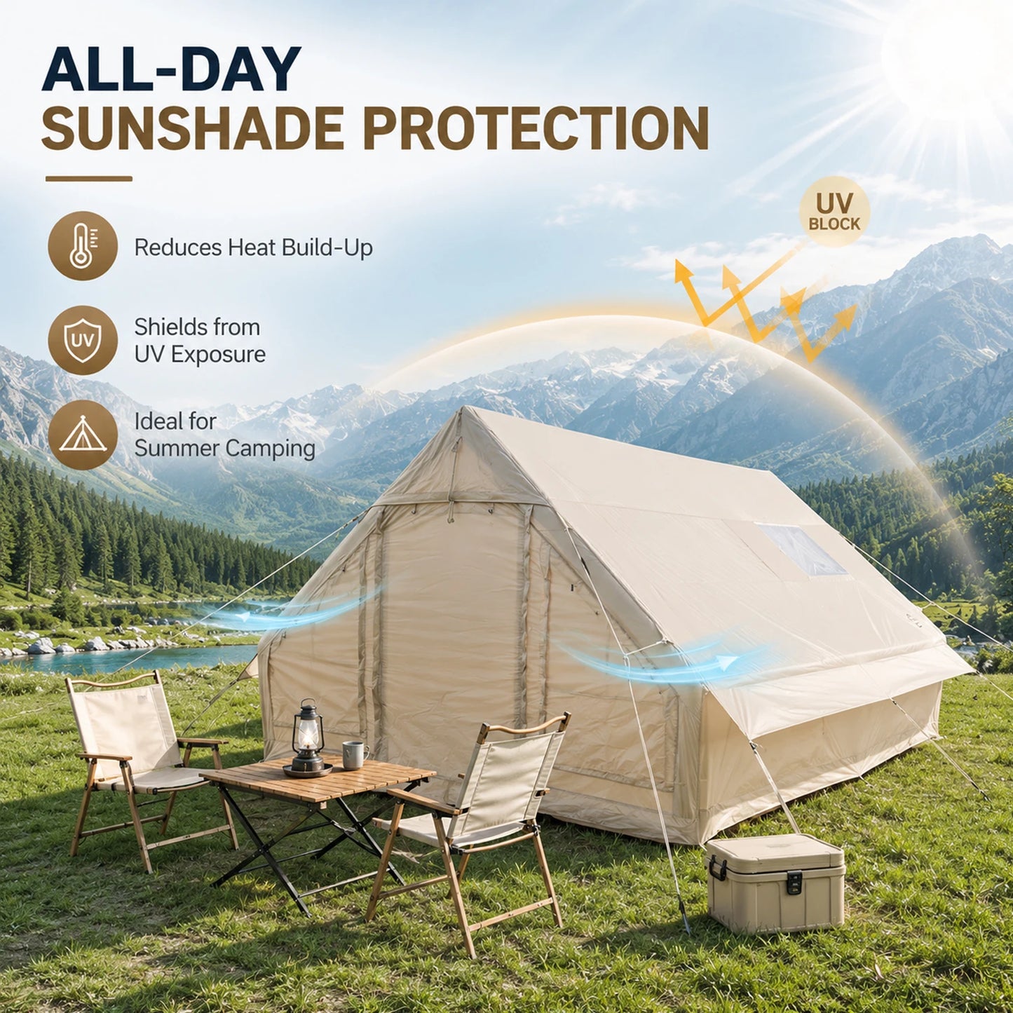 Large Luxury Inflatable Glamping Tent with Manual Hand Pump and Storage Bag, Easy Setup 4-Season Weatherproof Anti-Snow Family Air Tent for Outdoor Camping, Hiking, Backyard Parties and Wilderness Adventures