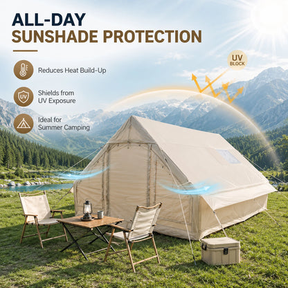 Large Luxury Inflatable Glamping Tent with Manual Hand Pump and Storage Bag, Easy Setup 4-Season Weatherproof Anti-Snow Family Air Tent for Outdoor Camping, Hiking, Backyard Parties and Wilderness Adventures