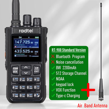 Radtel RT-900 8W Full Band Ham Radio Walkie Talkie 512CH Air Band Two Way Radio Station Aviation Noaa Police Marine River PTT