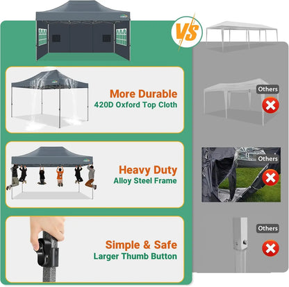 10x15 Pop up Canopy Tent Heavy Duty Gazebo with 4 Sidewalls,UPF 50+ All Weather Waterproof Commercial Outdoor Wedding Party Tent