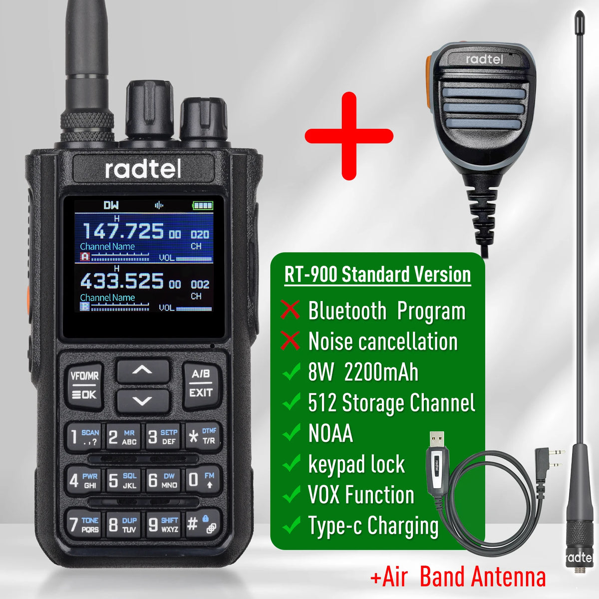 Radtel RT-900 8W Full Band Ham Radio Walkie Talkie 512CH Air Band Two Way Radio Station Aviation Noaa Police Marine River PTT