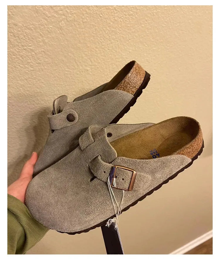 Women Men Suede Leather Clogs Adjustable Buckle Cork Footbed Non-slip Casual Mules Slippers