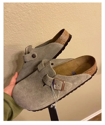 Women Men Suede Leather Clogs Adjustable Buckle Cork Footbed Non-slip Casual Mules Slippers