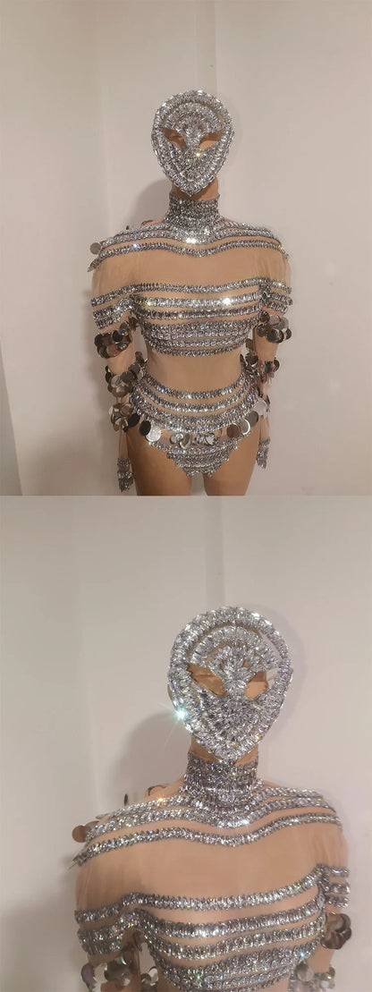 Silver Rhinestone Sequin Dance Set Women Sexy Bodysuit Gogo Latin Pole Dancing Stage Performance Wear Nightclub Drag Queen Show