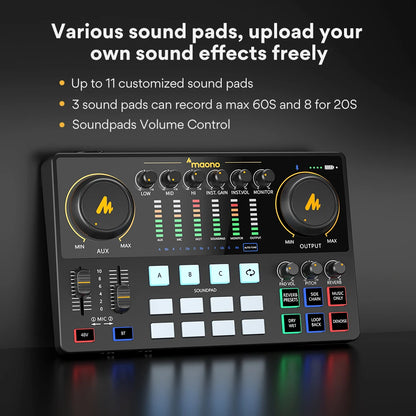 MAONO AME2 Audio Interface Mixer Podcast Studio Console with XLR Input 48V Phantom Power for PC Podcast Recording Live Streaming