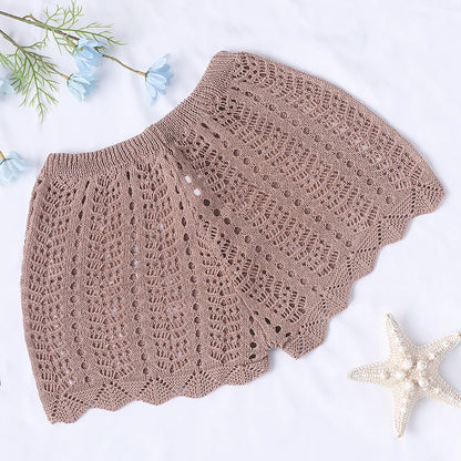 Swim Vacation Beach Plain Color Hollow-Out Knit Cover-Up Shorts, For Summer
