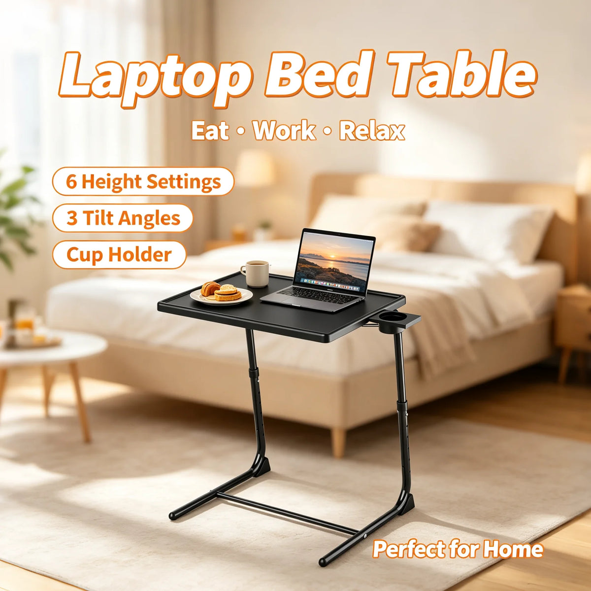 Adjustable Laptop Bed Table 6‑Level Height 3‑Angle Tilt Foldable Side Desk with Cup Holder Metal Frame Portable Reading Eating Table for Bed Sofa Wheelchair Home Office