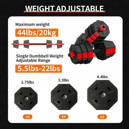 Adjustable Dumbbell Set 2 in 1 Convertible Barbell 5.5-44lbs Rubber Coated Dumbbell Home Gym Weight Training Fitness Equipment