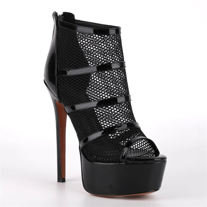 Onlymaker Women Peep  Toe Platform Mesh Stiletto Booties Sandals Back Zipper Thin Heel  Ankle Boots