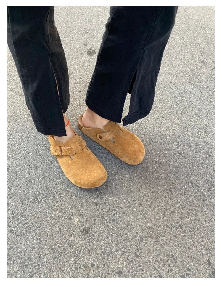 Women Men Suede Leather Clogs Adjustable Buckle Cork Footbed Non-slip Casual Mules Slippers