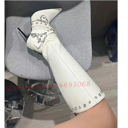 Pointy Hottie Biker Long Boots Women Sexy Crystal Rivets Belt Buckle Stiletto Heels White Boots Winter Outfit Fashion Lady Shoes