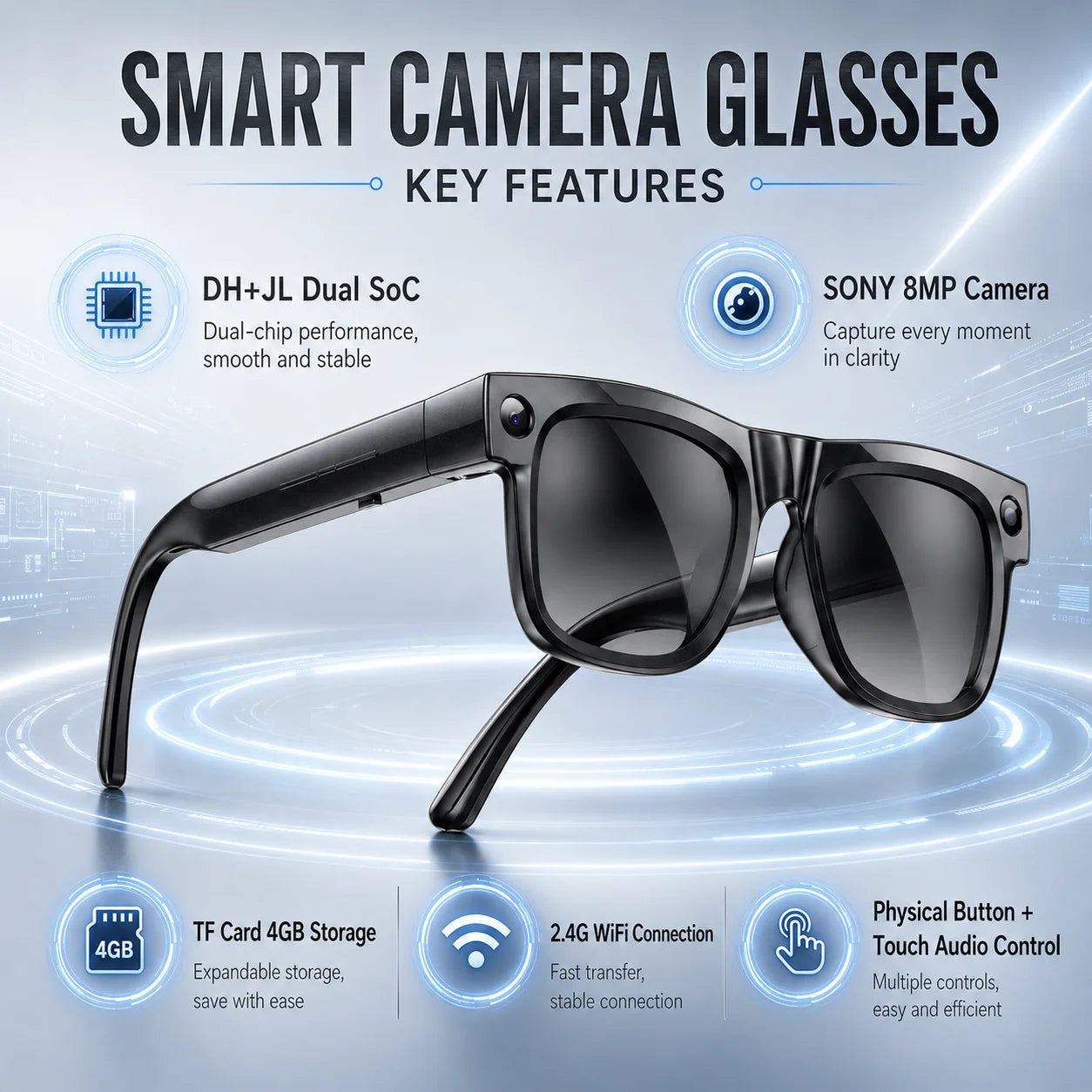 Smart Glasses 800W Pixel Camera Bluetooth IPX4 Waterproof Magnetic Charging Audio Glasses Video Voice Recorder Hands-Free Camera