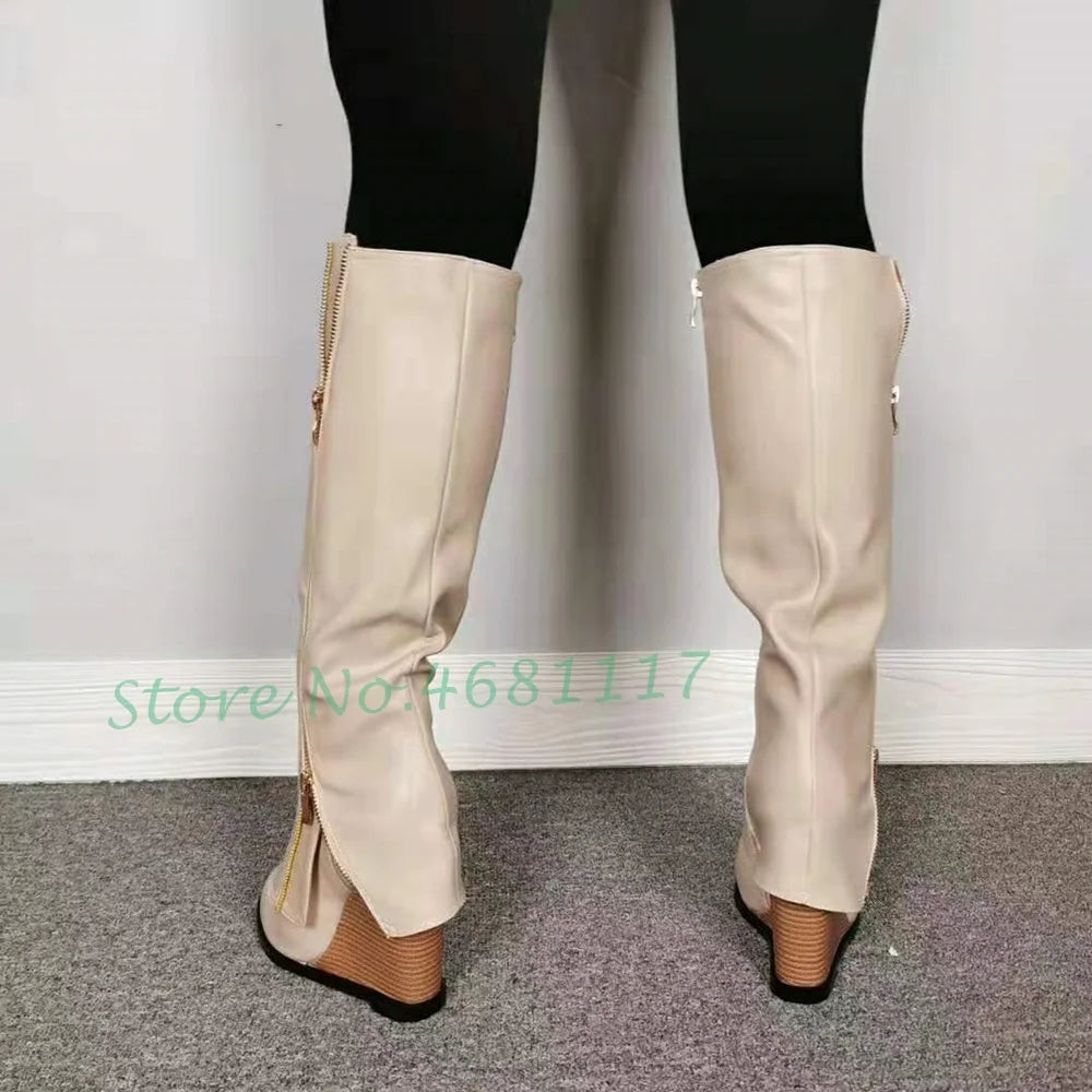 Beige Patchwork Wedges Long Boots Women Metal Gold Zipper Luxury Striped Heels Boots Mixed Colors Shoes Women Knee High Boots
