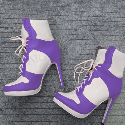 LAIGZEM SUPER Women Ankle Boots Patchwork High Heel Comfortable Short Boots Winter Casual Ladies Botines Mujer Big Size 45 46 47