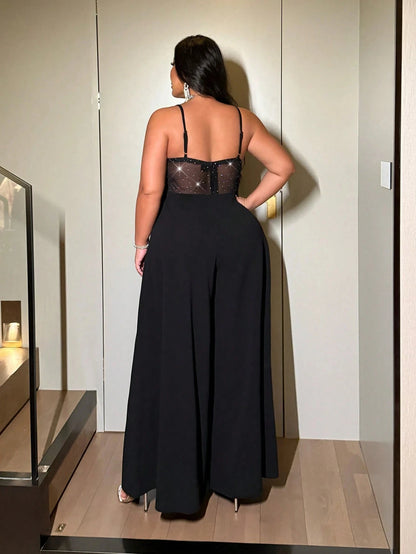 Plus-size women's sexy wide-leg jumpsuit, a stylish backless jumpsuit with shimmering stretch mesh, suitable for dates, parties