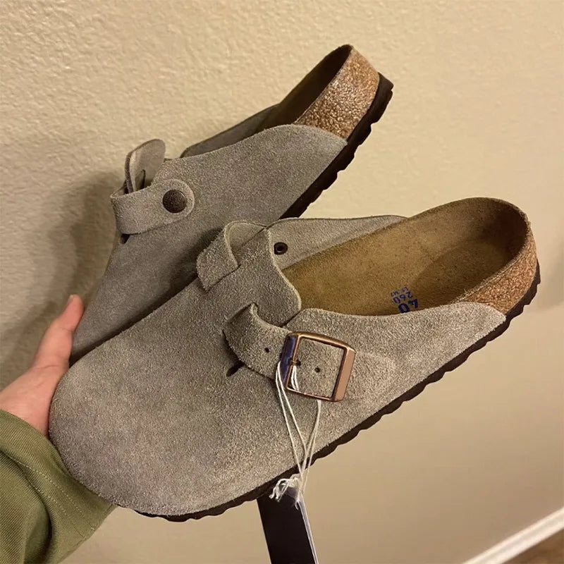 Women Men Suede Leather Clogs Adjustable Buckle Cork Footbed Non-slip Casual Mules Slippers