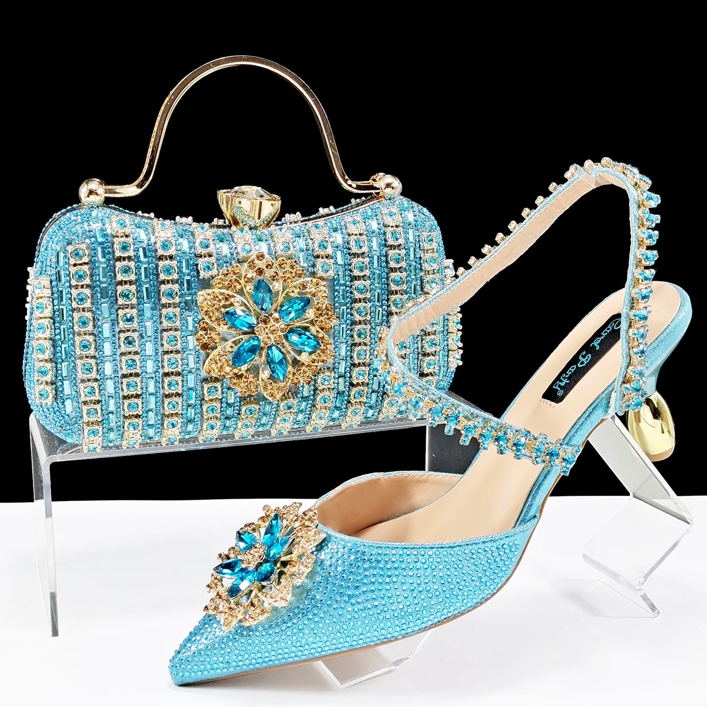 Elegant Rhinestone-Embellished Heels And Gold Mini Bag Set for Night Outfits Women's Fashion Accessory Combo