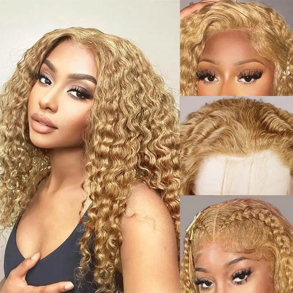 #27 Honey Blonde Curly Human Hair Wig 13X6 Deep Wave Frontal Wig 30 36 Inch 13X4 Hd Transparent Lace Front Colored Wigs