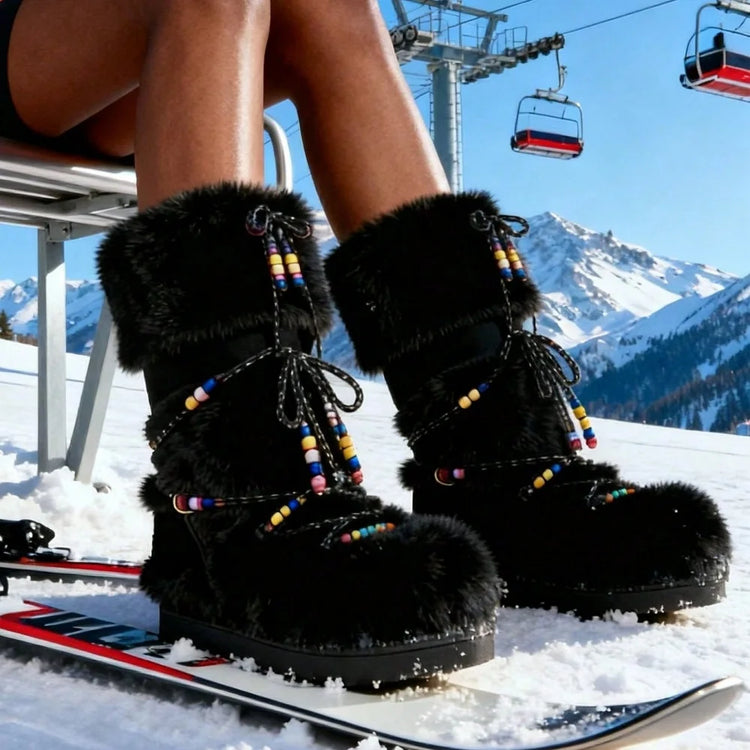 Women Furry Boots Round Toe Flat Slip-on Winter Snow Warm Boots Women Faux Fur Fluffy Warm Boot Fashion Outdoor Mid-Calf Boots Winter Party Flat Shoes