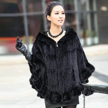 Fashion Women Fur Shawl Winter Knitted Real Mink Fur Stole With Fur Hood Knitted Mink Poncho Pashmina