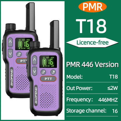 2pcs Baofeng T18 Mini Walkie Talkie Long Range PMR FRS Rechargable Portable Two Way Radio Type-C Charger VOX for Camping Trip