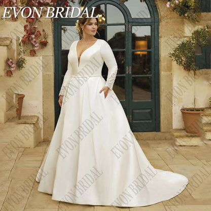 EVON BRIDAL Plus Size Vintage Wedding Dresses 2024 Bride Satin A-Line Bride Gown Vestidos De Novia V-Neck Applique Long Sleevs